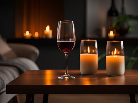 Cozy home scenery. A glass of red wine on a wooden table. A bottle of wine, candles. Mood.  Generative AI.