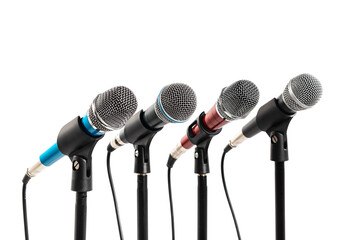 Microphones with standing in row isolated on white background. Press conference microphones.