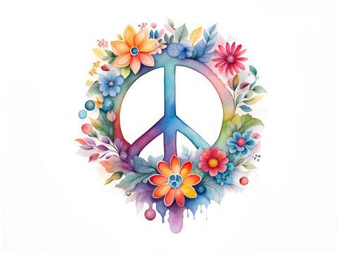 Watercolor painting  of a peace symbol made of flowers, leaves. Generative AI.