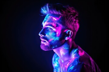 man painted in fluorescent powder in dark