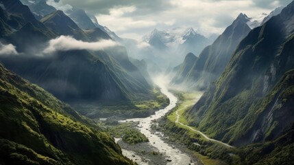 Unique aerial view of a winding river cutting through a vibrant green forest, save the planet concept. World Enviroment Day. Generative ai