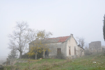 Vista de una vieja casa con árbol en otoño y con niebla.