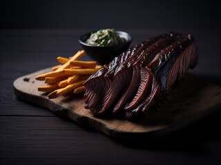 Grilled steak with fris on a wooden table