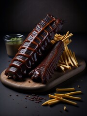 Grilled steak with fris on a wooden table