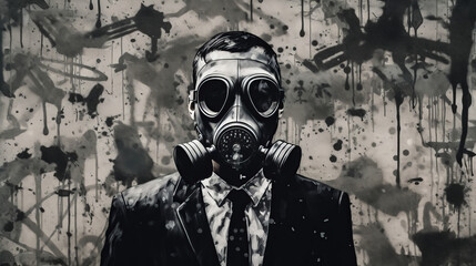 A businessman in a gas mask. Stencil art. Corporate greed. Excess. Mega profits. Environmental activism. Destroying the environment. Capitalism. Unlimited growth. Dystopia.