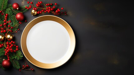 Decorated black table with christmas tree branch with golden balls, red rowans and empty golden plate, top view angle, generative ai - obrazy, fototapety, plakaty