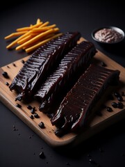 Grilled steak with fris on a wooden table
