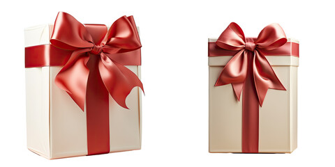 Large rectangular white gift box with a red ribbon bow tie seen from the side at a close angle isolated on a transparent background