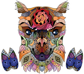 Zentangle stylized head alpaca with hooves. Hand drawn decorative vector illustration