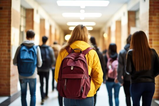 Rear view of a group of university students walking