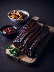 Grilled steak with fris on a wooden table