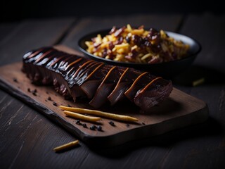 Grilled steak with fris on a wooden table