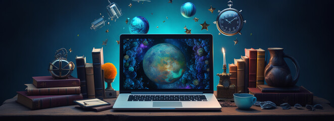 banner laptop computer with earth on screen placed on the table  with books, cup and clock. learning in the school or library concept