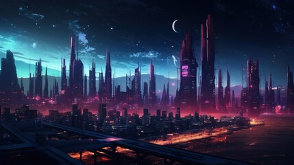 Futuristic cyber city at night, landscape scene. Created with Generative Ai technology.