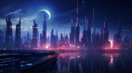 Obraz premium Futuristic cyber city at night, landscape scene. Created with Generative Ai technology.