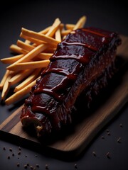 Grilled steak with fris on a wooden table