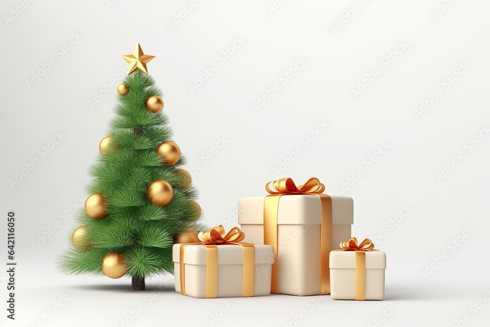 Wall mural Christmas tree and gift boxes on white background. 