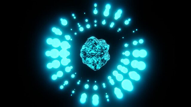 Abstract loading screen. Glowing cyan blue morphing spheres in the darkness. Hypnotic deformation background. Neon satisfying seamless loop animation. 3D 4K 30 fps video