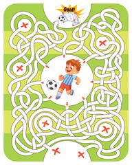 Boy is playing soccer on soccer field. Help him find right path in maze. Children logic game to pass the maze. Educational game for kids. Attention task. Choose right path. Funny cartoon character