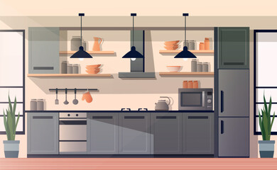 Modern kitchen in flat style. Kitchen interior with furniture. Vector stock