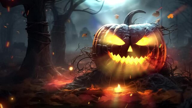 halloween background with pumpkins. halloween jack o lantern. halloween pumpkin in the dark. halloween background with pumpkin and bats