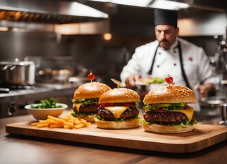 Huge burgers with cherries and fries in kitchen with chef cooking
