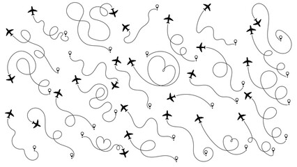 Airplane or aeroplane routes path set. Travel concept from start point and dotted line tracing. Aircraft tracking, plane path, travel, map pins, location pins. Vector illustration. White background.