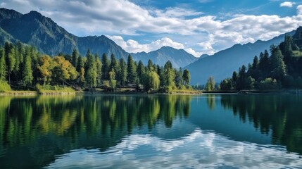 Fototapeta na wymiar A serene mountain landscape with a reflective lake, surrounded by picturesque mountains and trees, illustrating nature's serene beauty. High quality photo