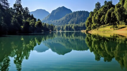 Fototapeta na wymiar A serene mountain landscape with a reflective lake, surrounded by picturesque mountains and trees, illustrating nature's serene beauty. High quality photo