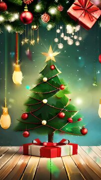 Christmas tree with presents, vertical video, seamless looping video animated background
