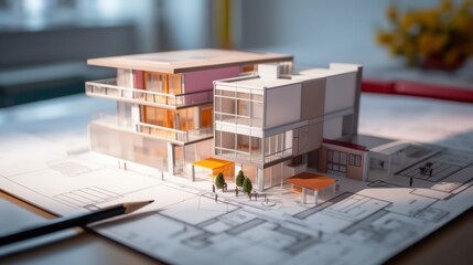 Mini modern house on blueprint architect concept - obrazy, fototapety, plakaty