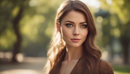 Foto de una modelo en un parque. Mujer, ojos verdes y pelo castaño.