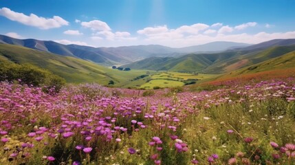 Fototapeta premium Panorama view of valley with wild flower and clear sky