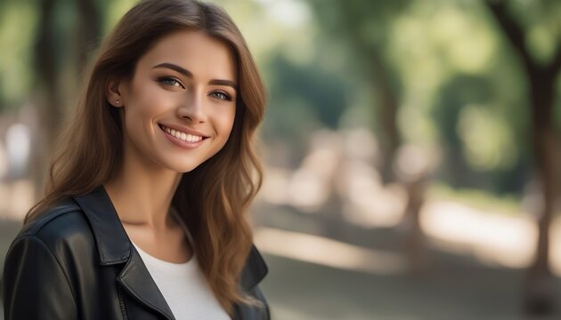 Foto de una modelo en un parque. Mujer, ojos verdes y pelo casta&ntilde;o.