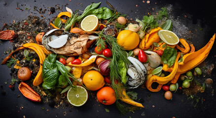 supermarket food waste, fruits, vegetables, top view - obrazy, fototapety, plakaty