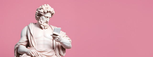 Ancient Greek God sculpture, man using smartphone on pastel background