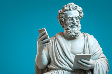 Ancient old Greek God statue with curly hair, smiling, reading text message on modern smartphone, on pastel blue background - obrazy, fototapety, plakaty