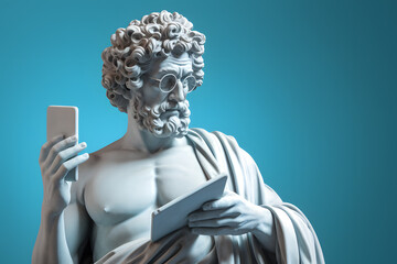 Ancient old Greek God statue, man using smartphone on pastel background - obrazy, fototapety, plakaty