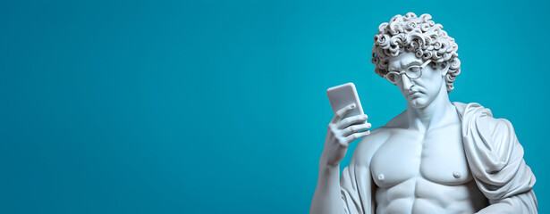 Ancient Greek God statue with glasses, using modern smartphone, on pastel blue background banner