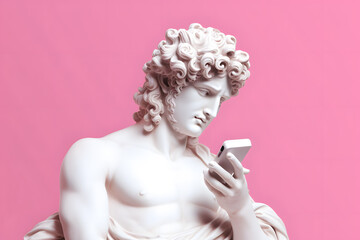 Ancient Greek God statue with curly hair, reading text message on modern smartphone, on pastel blue background