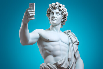 Ancient Greek God sculpture, making selfie on pastel background - obrazy, fototapety, plakaty