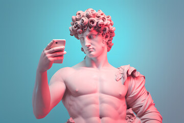 Ancient Greek God statue using modern smartphone, on pastel blue background