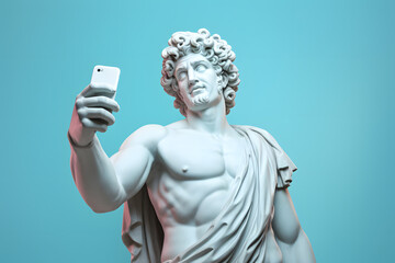 Ancient young Greek god sculpture, man using smartphone on pastel background