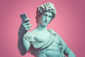 Ancient young Greek god sculpture, pretentious man making selfie with smartphone on pastel background - obrazy, fototapety, plakaty