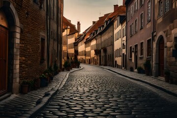 Cobblestone street in a charming old town with historic buildings - AI Generative