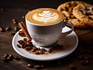Coffee latte with cookies and coffee beans