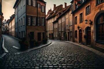 Cobblestone street in a charming old town with historic buildings - AI Generative - obrazy, fototapety, plakaty