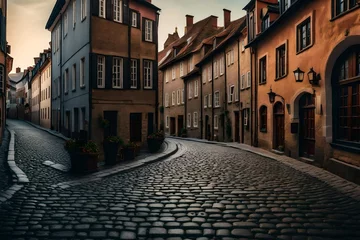 Fototapeten Cobblestone street in a charming old town with historic buildings - AI Generative © Being Imaginative