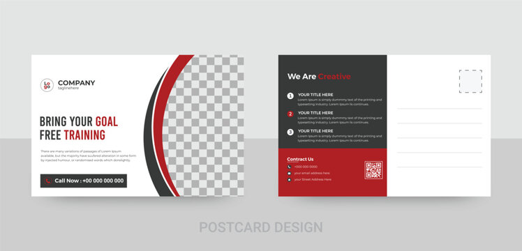 Corporate creative modern eddm travel postcard template design with red shape and fully editable file.
