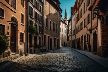 Fototapeta premium Cobblestone street in a charming old town with historic buildings - AI Generative